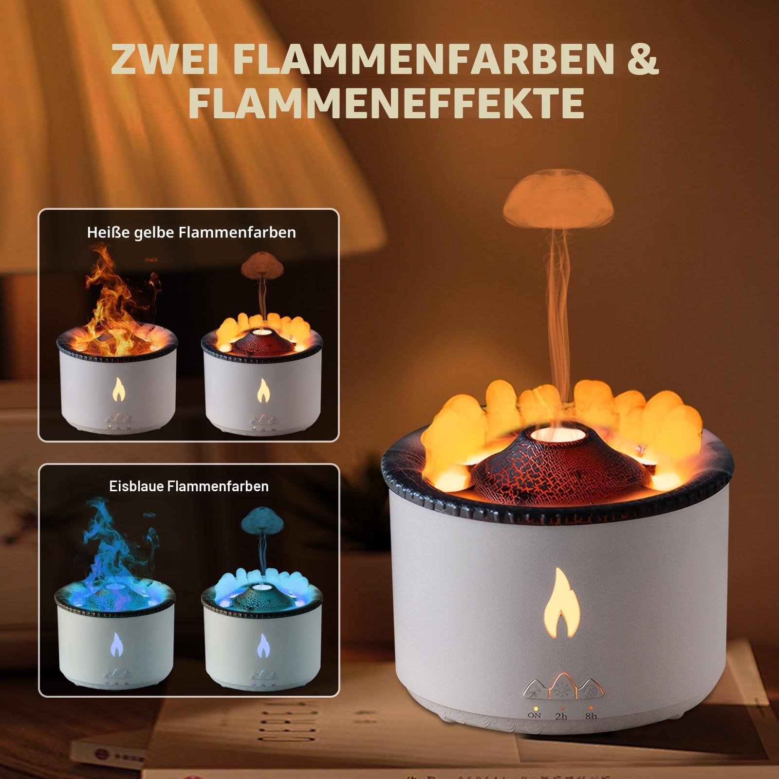 Vulkan Luftbefeuchter Flammen Aroma Diffusor: 360ml Aromatherapie Luftbefeuchter 2 Nebelmodus Luftbefeuchter Fernbedienung Öl Kaltnebel Diffusor mit Nachtlicht für Zuhause, Fitnessstudio