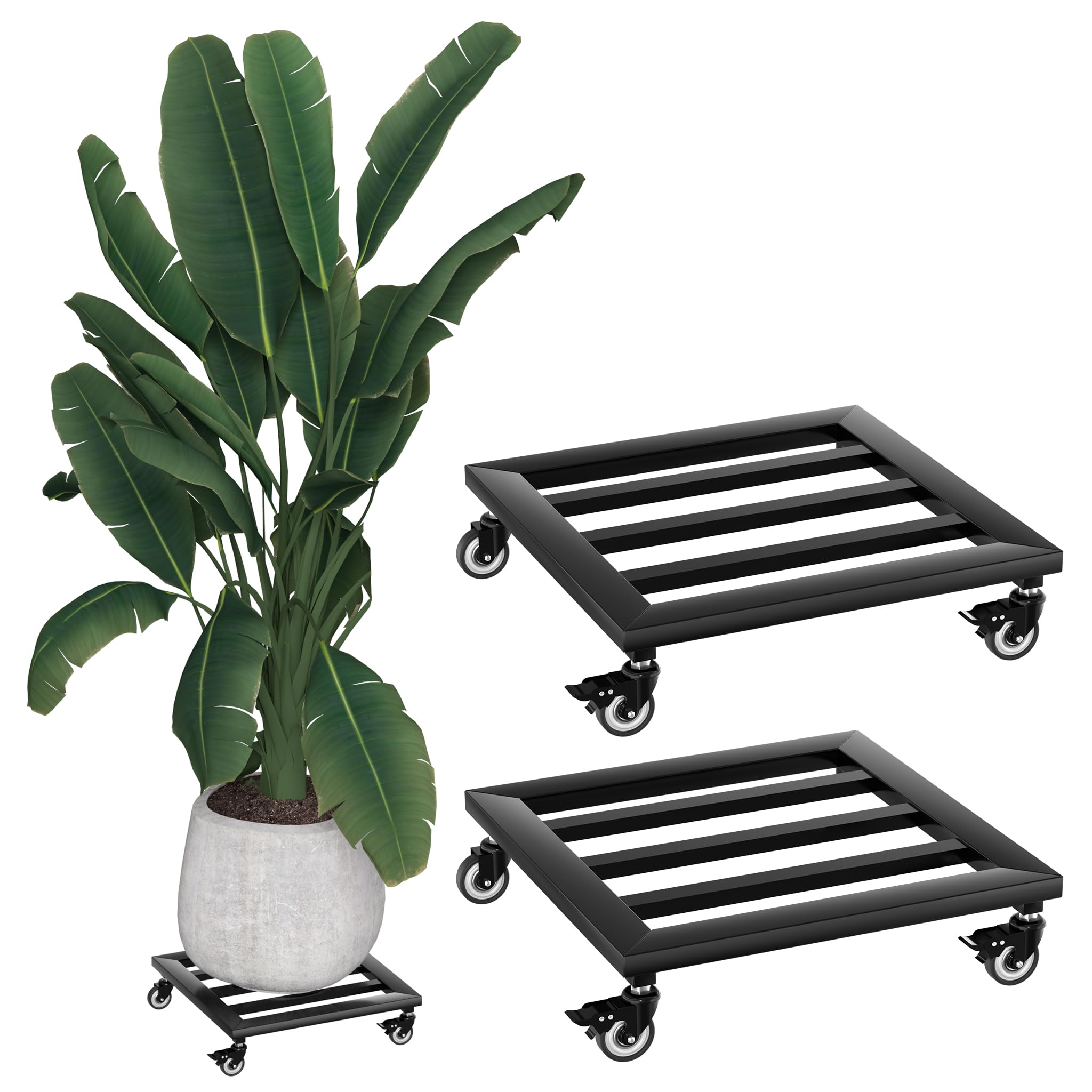 YRHome 2 Stück Pflanzenroller Metall Blumenroller Schwarz für Außenbereich & Innenbereich Blumentopf Untersetzer mit Rollen Pflanzen Caddy mit Rädern Pflanze Roller Basis - Rund Ø33cm - Bis 150KG