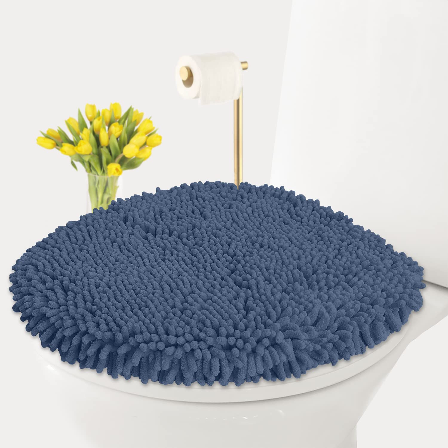 LuxUrux Toilet Lid Cover with Stretch Fit Elastic Band – Chenille Microfiber Toilet Seat Non-Slip Cover for Bathroom – Soft Plush, Machine Wash And