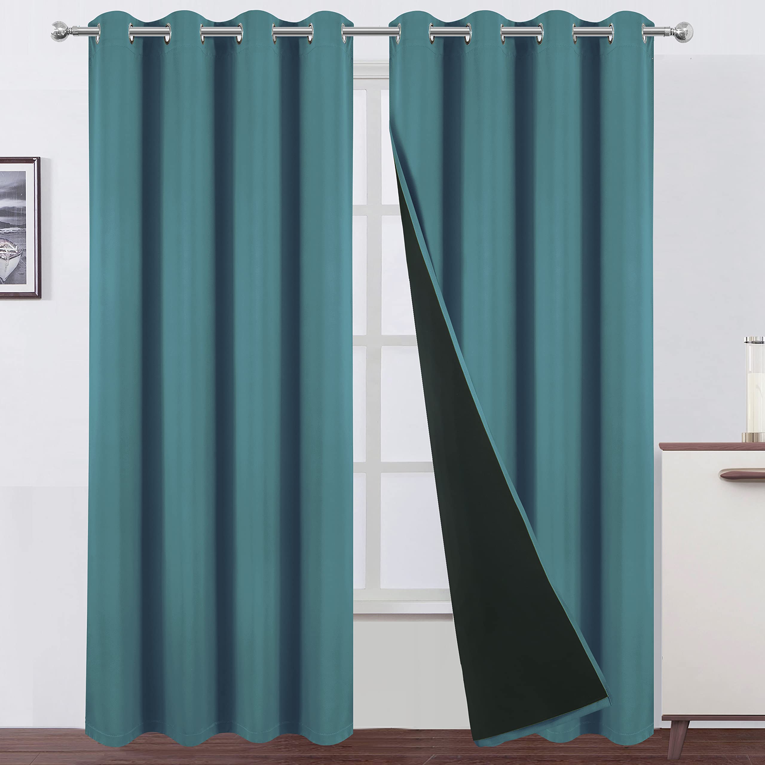 LEMOMO 100% Blackout Curtains 52 x 84 Inch/Sea Teal Curtains 2 Panels with Black Lining Room Darkening Thermal Insulated Bedroom Curtains