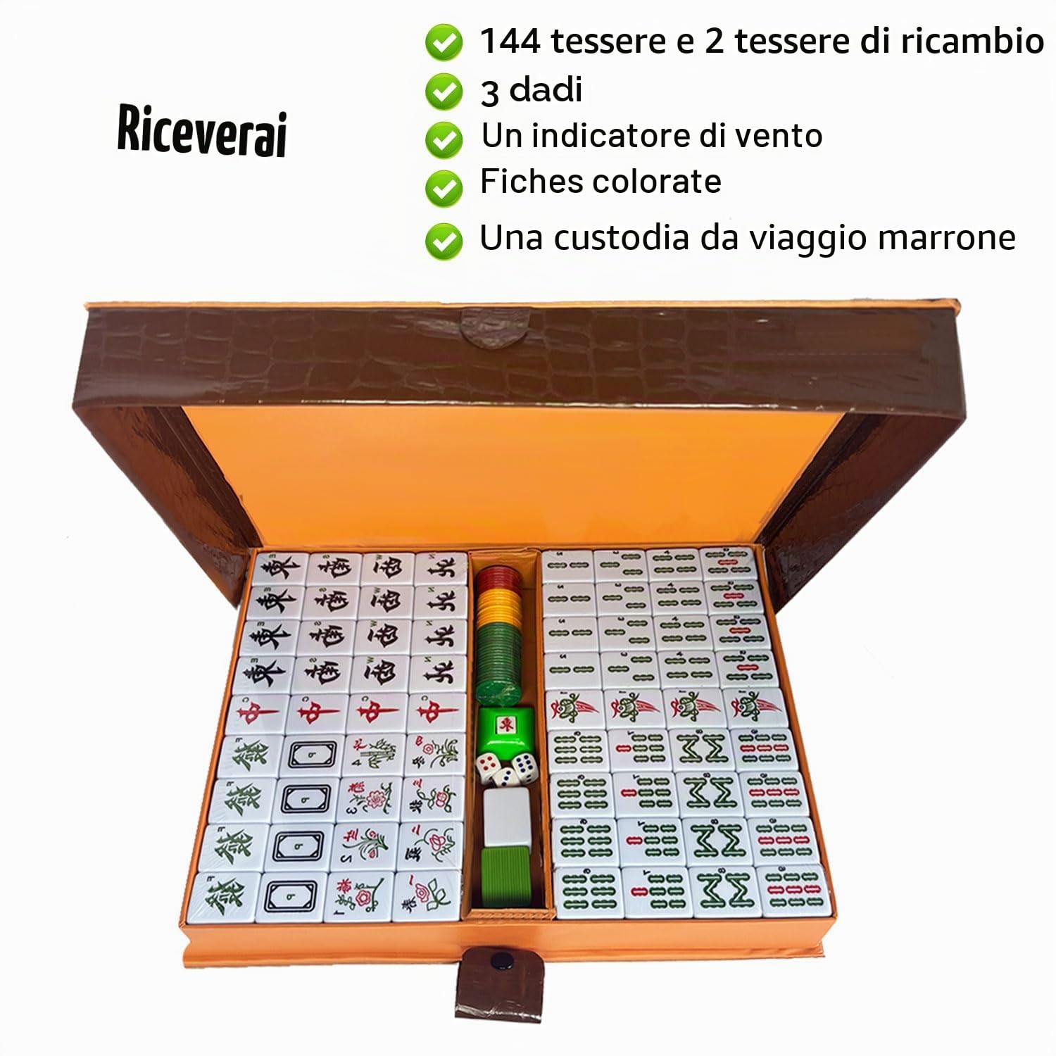 Set Mahjong da gioco cinese con custodia da viaggio 144+2 piastrelle 1,5" numeri arabi dadi indicatore vento