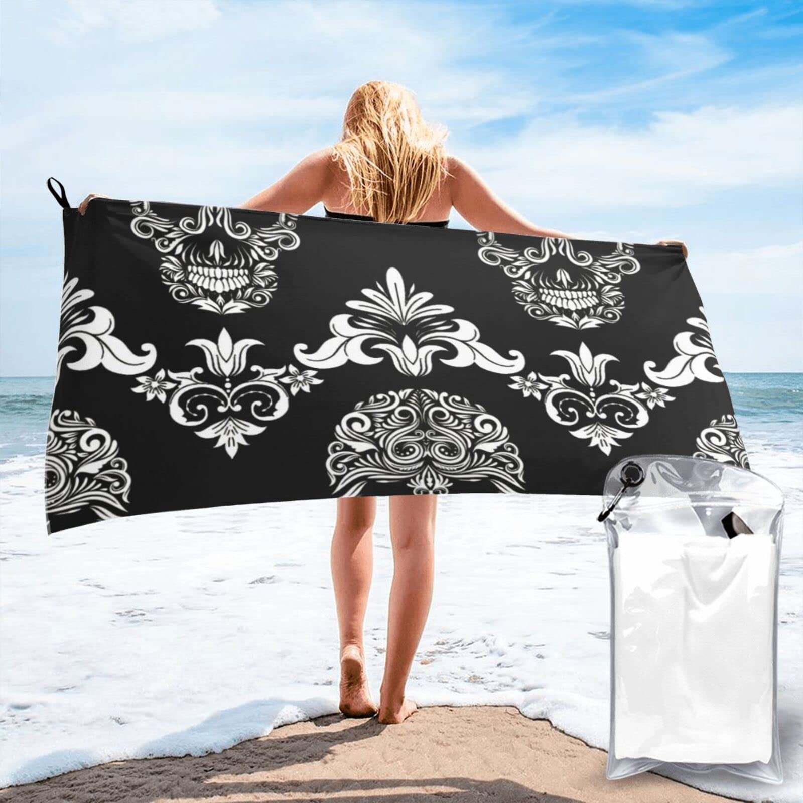 Lawenp Sugar Skull On The Black Background Microfiber Beach Towel Adults Large Quick Drying Bath Towel Travel Towels with Pouch 31.5"x63"