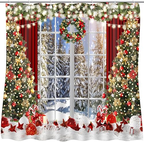 Christmas Shower Curtain with Window Scene Curtains for Bathroom Winter Glitter Xmas Tree Bathroom Bathtubs Decor Water Resistant Curtain Set with