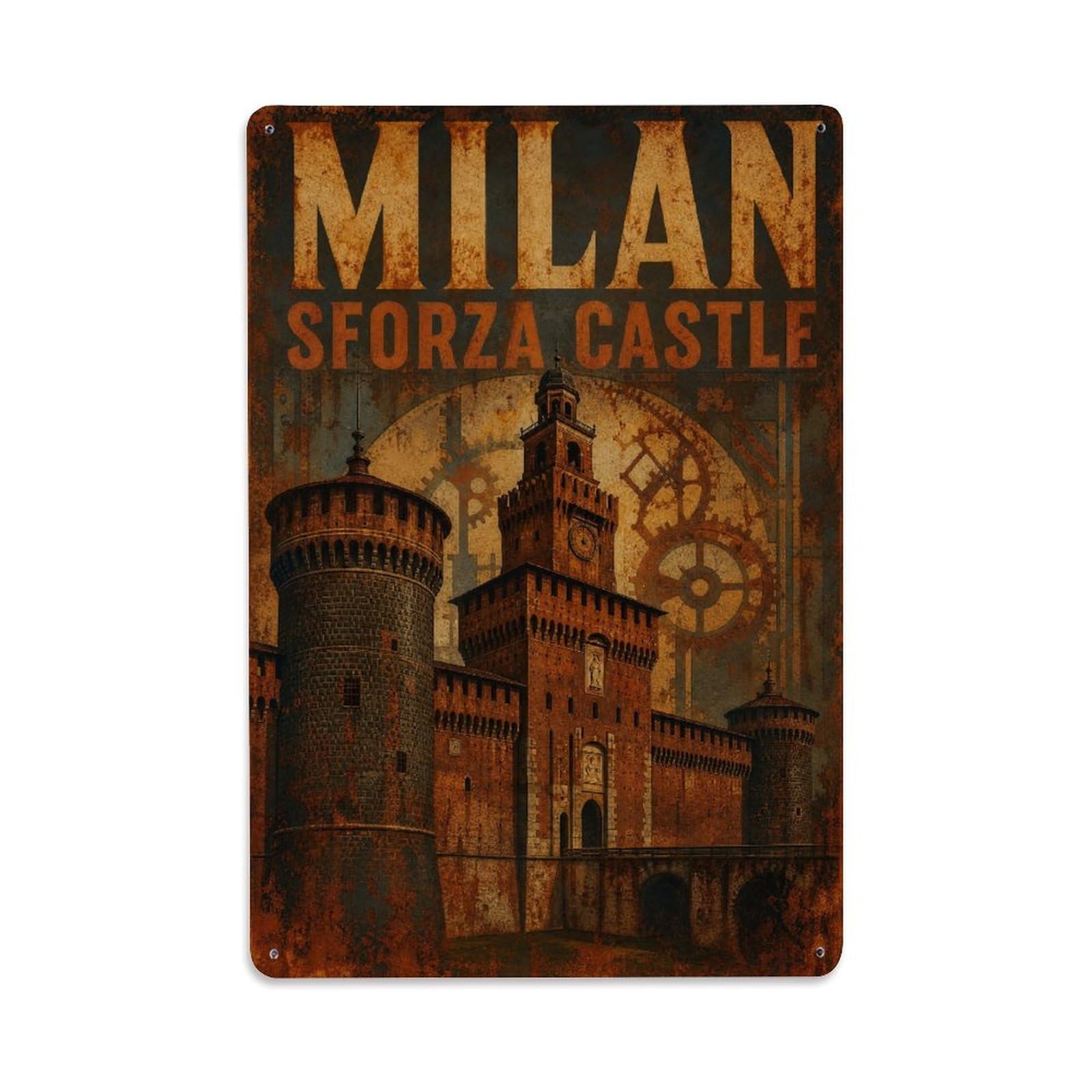 Huiyhb 8X12inch(20X30cm) Vintage Travel Milan Sforza Castle Renaissance Fortress Metal Tin Sign