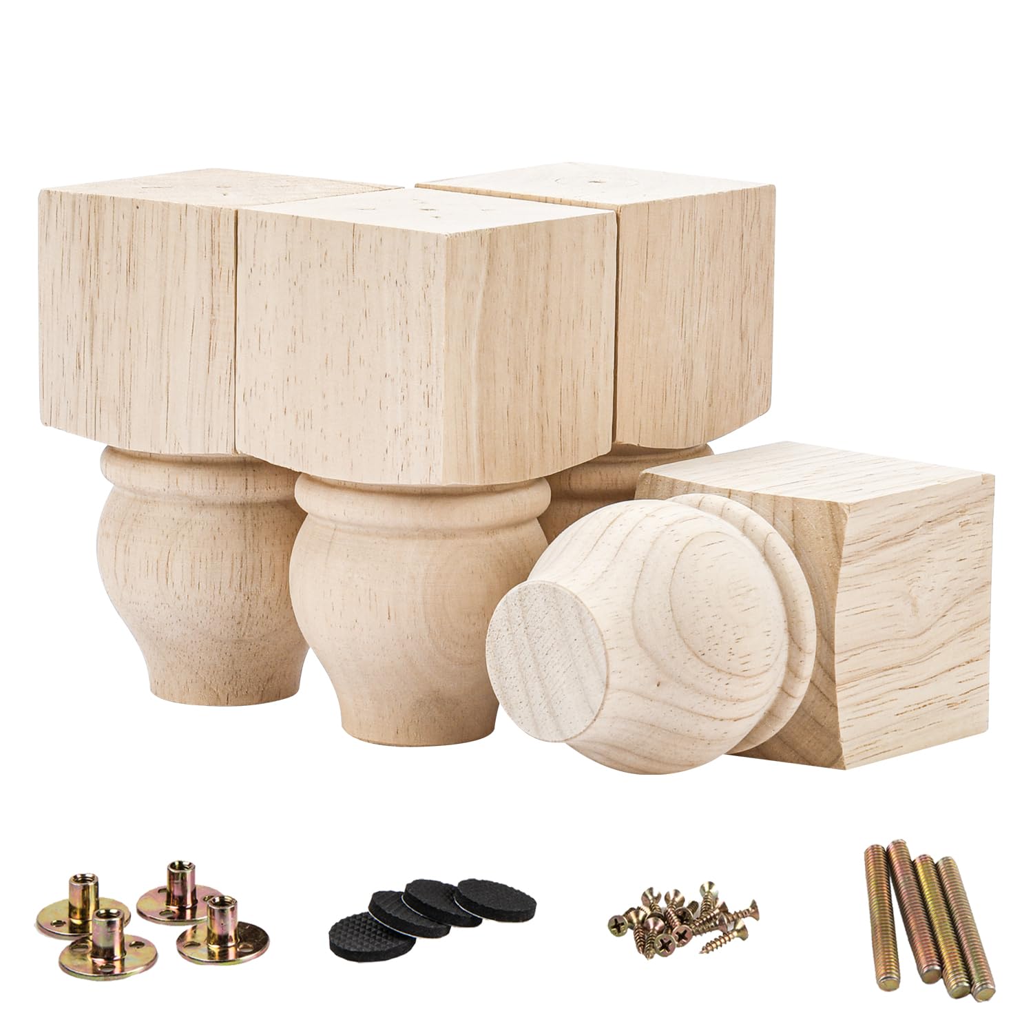 La Vane 5 inch / 12cm Wooden Furniture Legs, Set of 4 Solid Wood Carved Geometry Unfinished Replacement Bun Feet with Mounting Plate & Screws for Sofa
