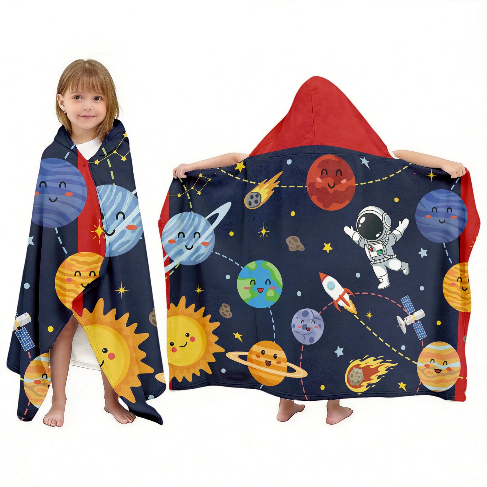 NEIUJADK Kids Space Hooded Bath Towel for Boys Girls 3-10, 30"x50" Soft Absorbent Cotton Wearable Poncho Beach Towel with Hood & Snap Buttons for Pool Swimming Bath