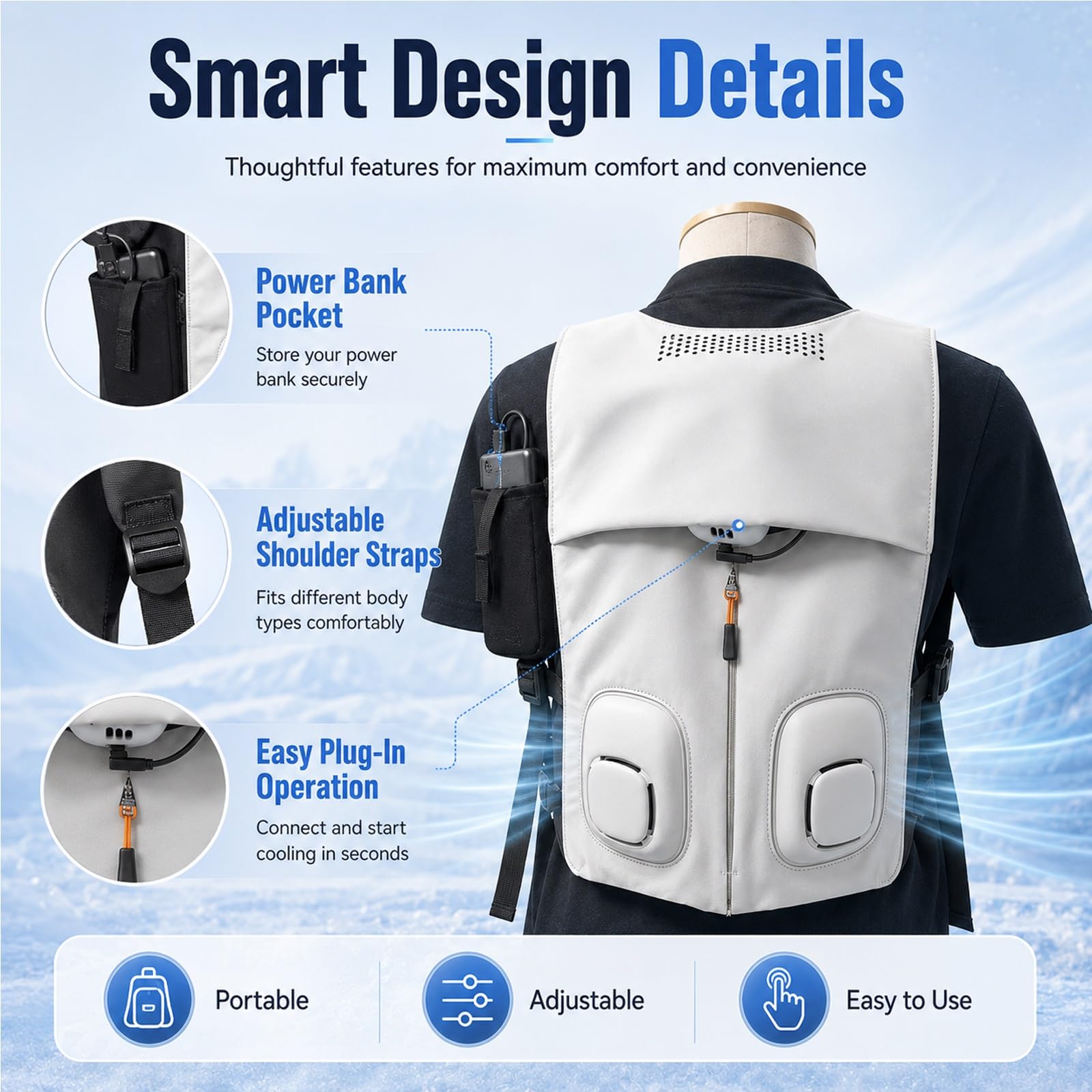 Gilet Rinfrescante Con Ventole Flessibili, Giacca Climatizzata | Con Doppio Modulo Di Raffreddamento A Semiconduttore, Tracolla Rimovibile Per Cambiare Modalità Liberamente