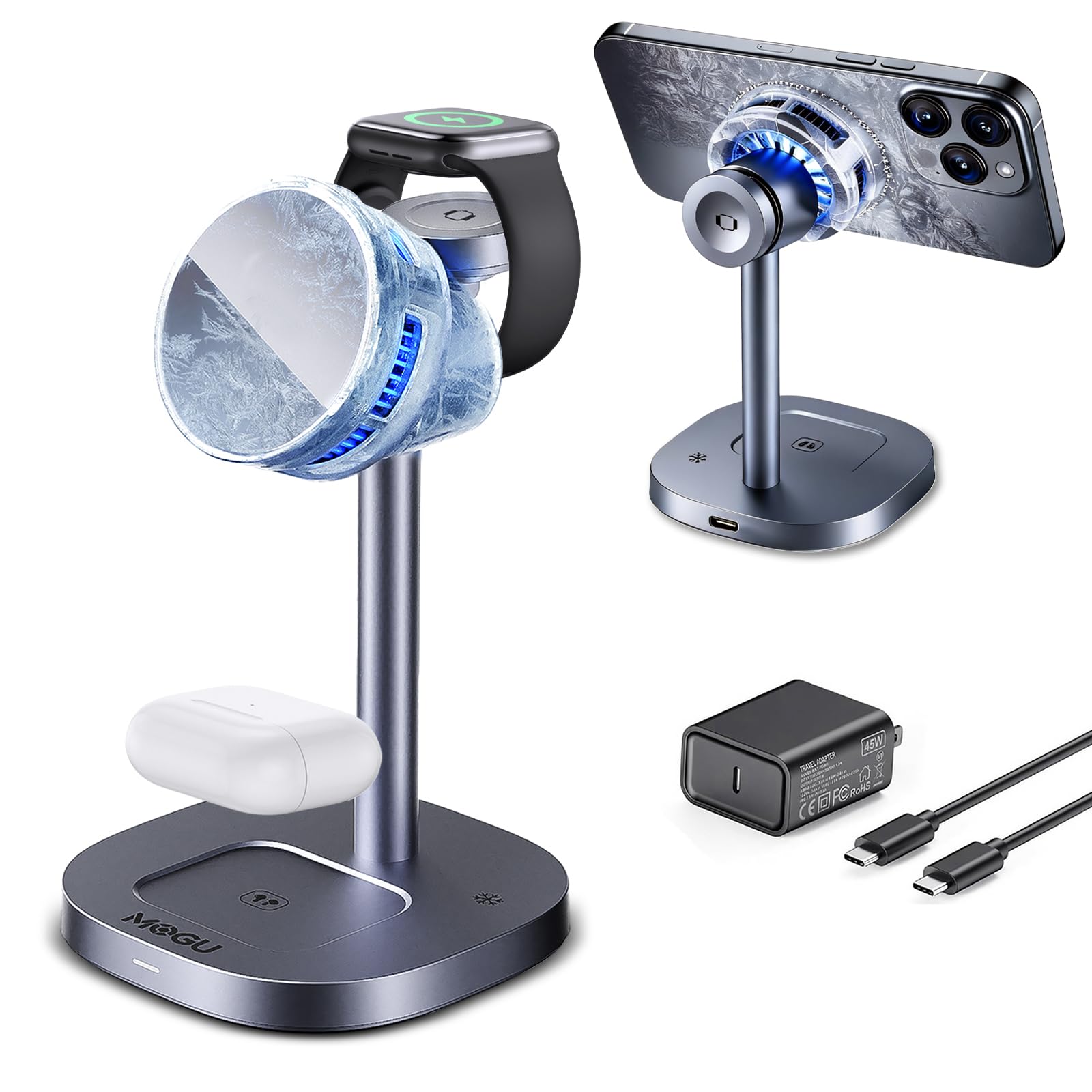 MOGU Station de charge magnétique sans fil 3 en 1 avec refroidissement actif, support de charge rapide 15 W, compatible avec smartphone Mag-Safe pour iPhone 17-12, Apple Watch et AirPods, adaptateur