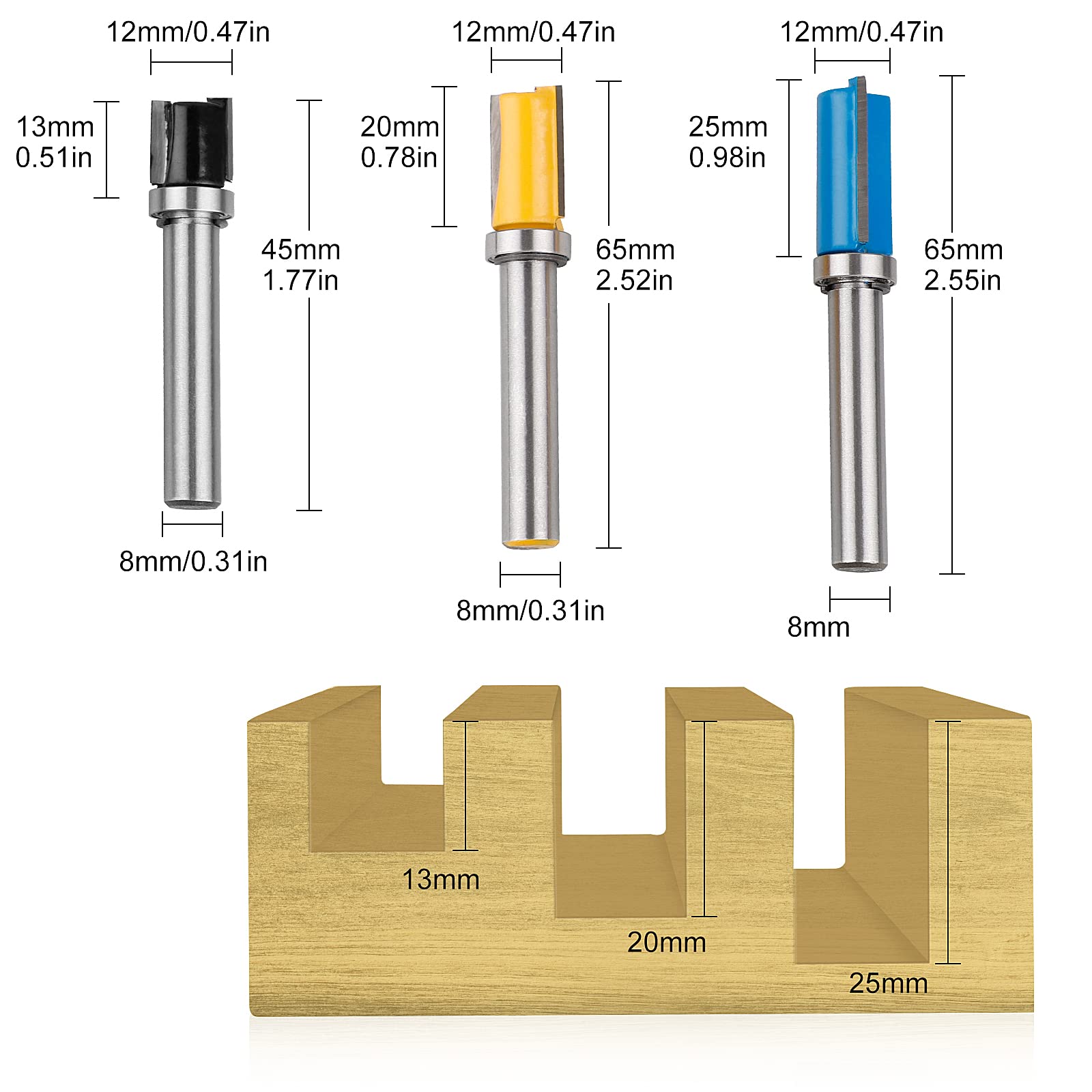 CPROSP 3Pcs Frese per Legno Gambo 8mm per Lavorazione del Legno, Top/Bottom Bearing Flush Trim Bit