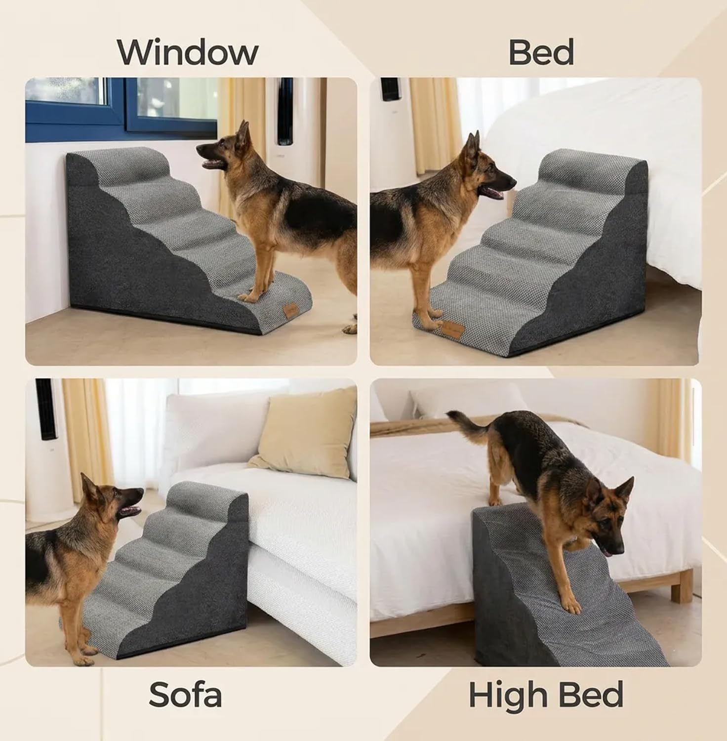 Breite Hundetreppe (62 cm hoch), 5 Stufen Tiertreppe aus hochdichtem Schaumstoff für kleine bis sehr große Hunde, rutschfeste Haustiertreppe mit waschbarem Bezug