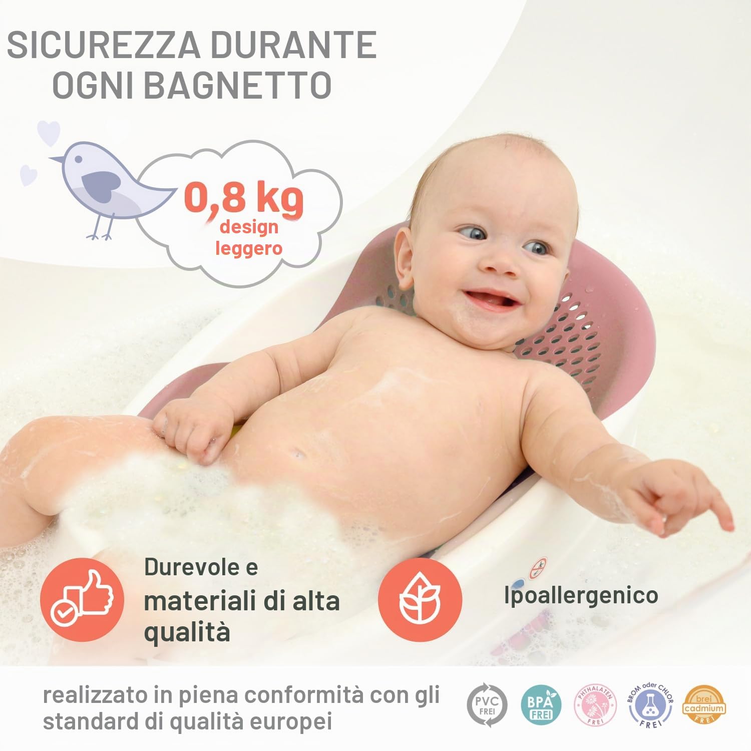 BABYLON DOLPHIN Supporto Vaschetta Bagnetto Neonato – Ergonomica con Sedile Antiscivolo da 0 a 6 Mesi, Ipoallergenica e Resistente alla Muffa – Riduttore Sdraietta Bagnetto Neonato – Grigio chiaro