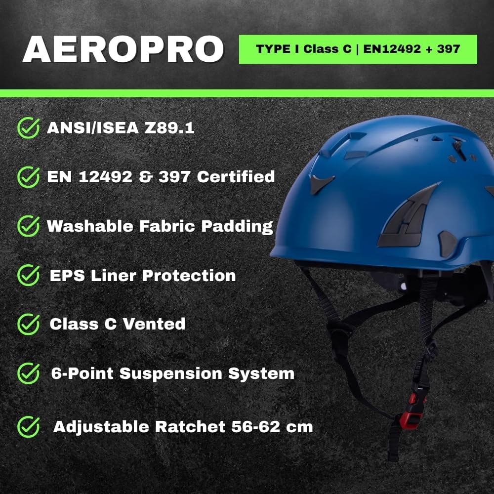 Land Helmets AeroPro Safety Helmet - ANSI/ISEA Z89.1 + EN 12492 & EN397 Type 1 Class C Vented - OSHA Approved - Lightweight, Comfortable Helmet for Arborists, Contractors, & Rescue Teams - Image 4