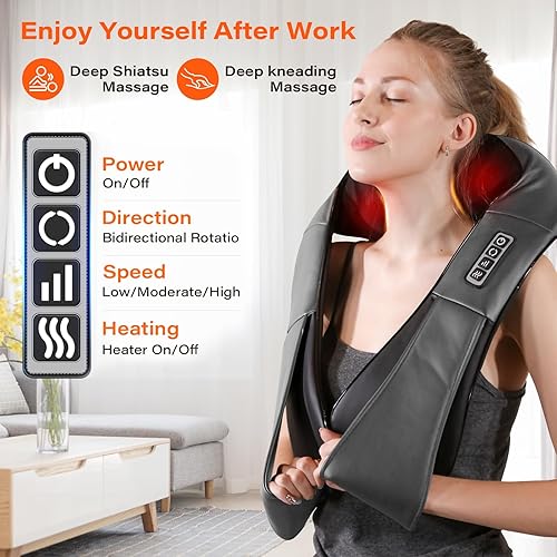 Miniatura 4 de Shiatsu Masajeador eléctrico con calor, almohada de amasamiento 3D para cuello, espalda, hombros, alivio del dolor muscular, oficina, hogar, uso en