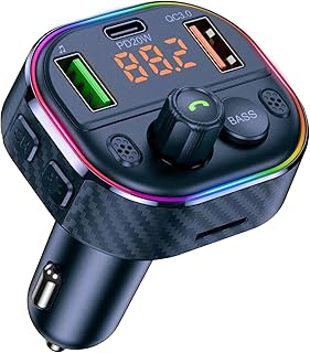 Bluetooth 5.1 FM Transmitter for Car, Bluetooth Car Adapter with PD20W+QC3.0 Car Radio Music Adapter, Supports Handsfree Call Siri Google Assistant, SD Card/U Disk, 7 Color LED Backlit, LED Voltmeter