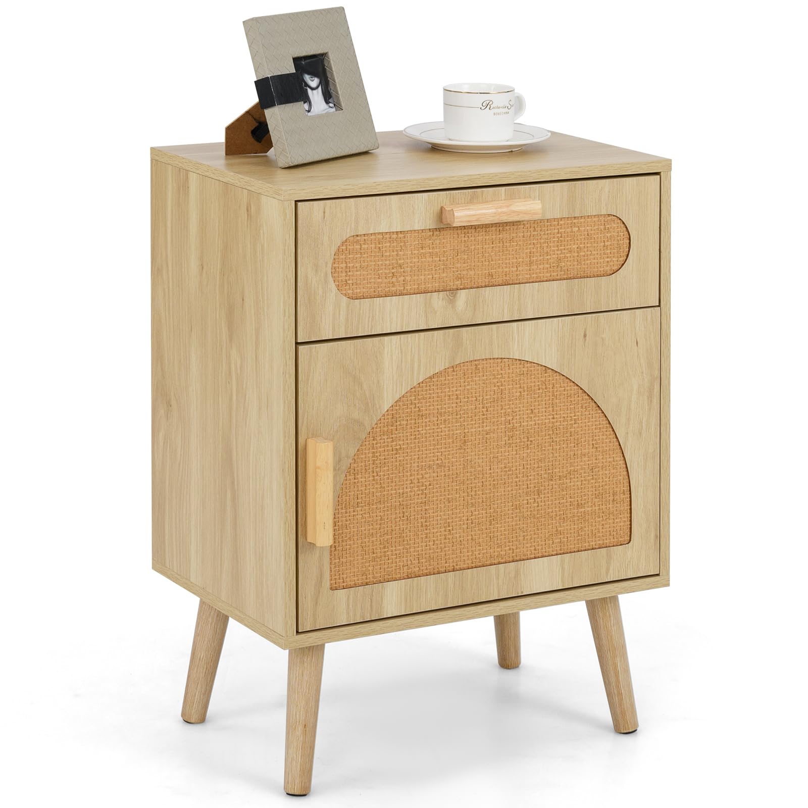 Comodino in rattan con gambe in legno massello, per soggiorno e camera da letto, 45 x 30 x 61 cm, naturale h