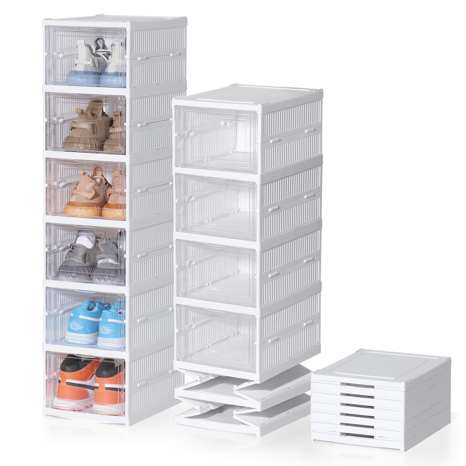 ELUCHANG Shoe Boxes, 6PCS Clear Shoe Boxes Stackable Foldable, Shoe Storage Organiser for Sneakers, Trainers, Hallway, Under Bed, Fit Up to UK 10, Installation Free, Transparent and White
