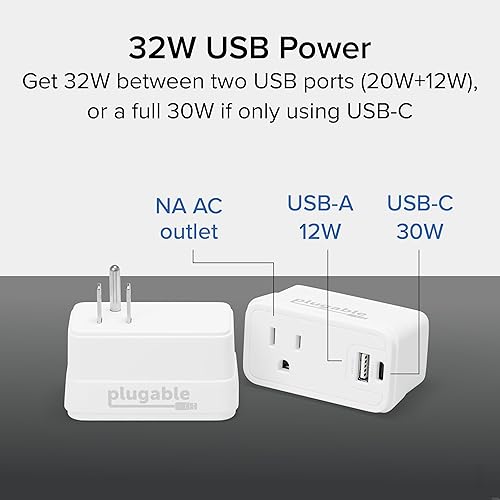 Miniatura 2 de Plugable Bloque de cargador USB-C de 32 W - Extensor de salida portátil con USB-C y USB-A - Cargador de pared rápido para iPhone 15/16, viajes,