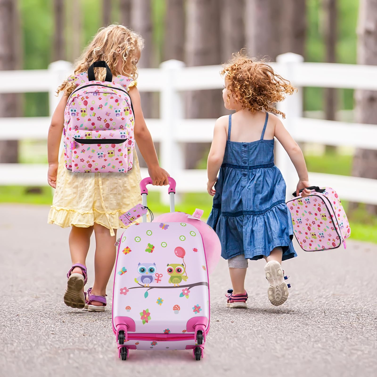 DREAMADE 5tlg Kinderkoffer Set, Kinder Reisekoffer mit Rucksack, Nackenkissen, Lunchtasche & Kofferanhänger, Reisetrolley mit Rollen für Kinder ab 3 Jahren, 30 x 23 x 46cm (Pink-Eule)