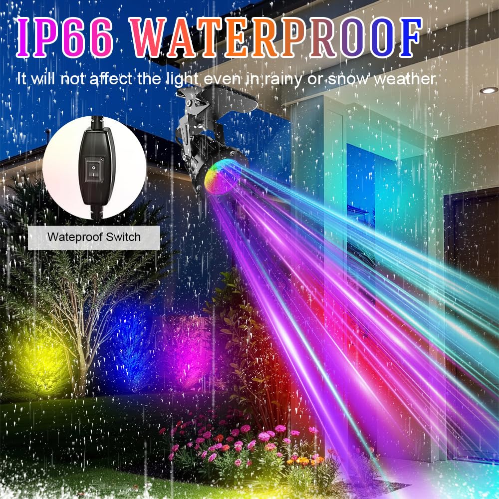 LED Foco de Pinza, 6W RGB LED Foco de Pinza, 15 Luz RGB + Luz Cálida 3000K, IP65 Resistente, Lámpara de Jardín con Enchufe de 3 m, Conector e Interruptor para Interior y Exterior, Patio Césped