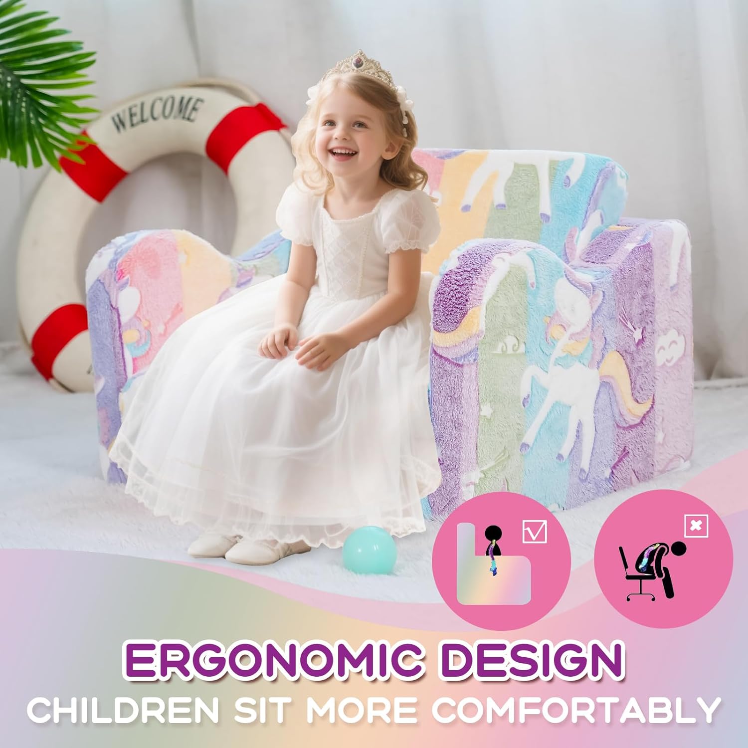 Kids Couch Sofa Toddler Couch Unicorn Glow in The Dark 2-in-1 Foldable Kids Sofa Bed Flip Open Toddler Sofa Chair for Girls Playroom Birthday Gift