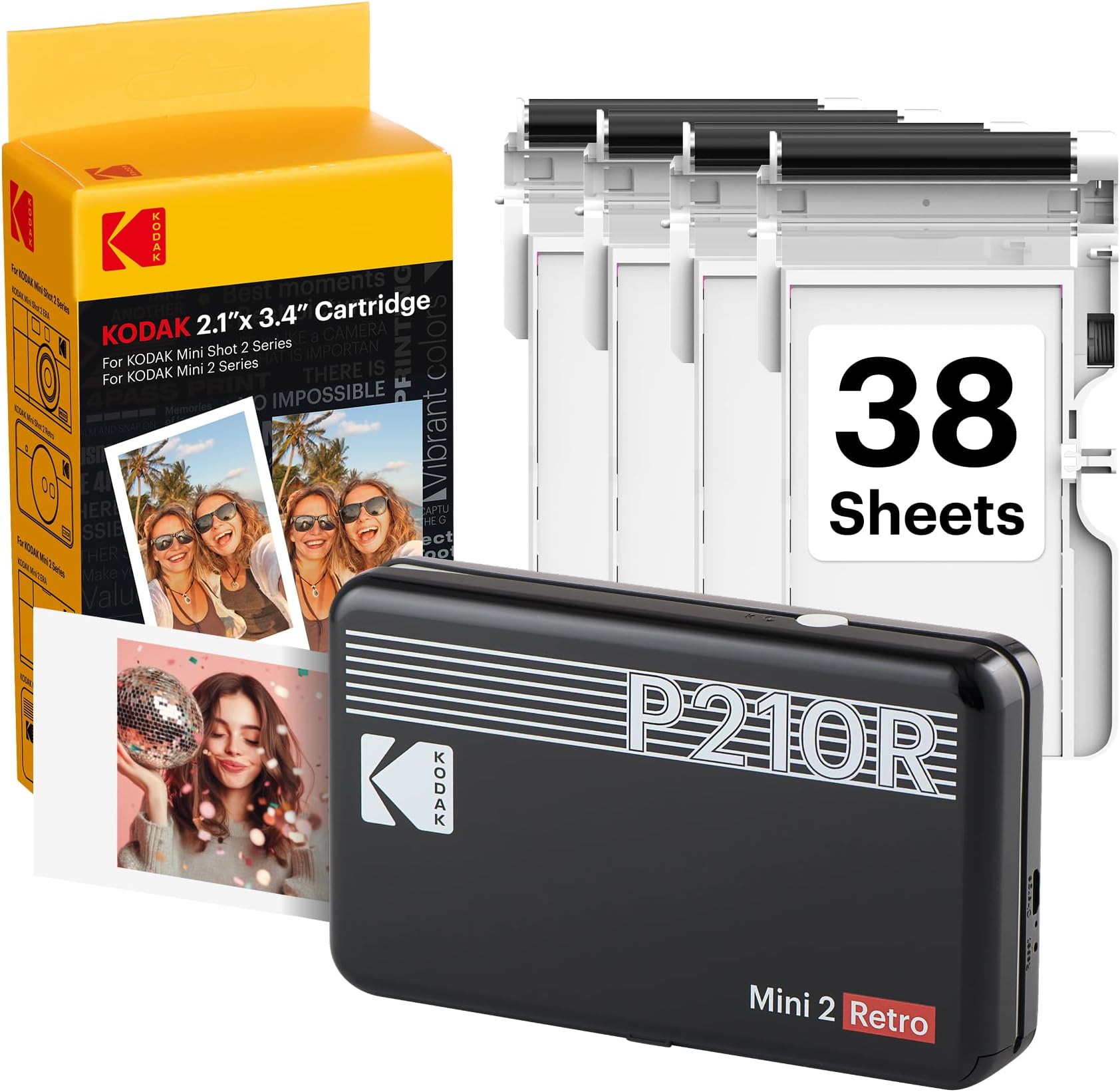 Mini 2 Retro 2x3 Portable Photo Printer, 4PASS, 38 Sheets, Black | Bluetooth, iPhone & Android Smartphone Compatible, Smudge-Proof, Water-Resistant, Fade-Resistant
