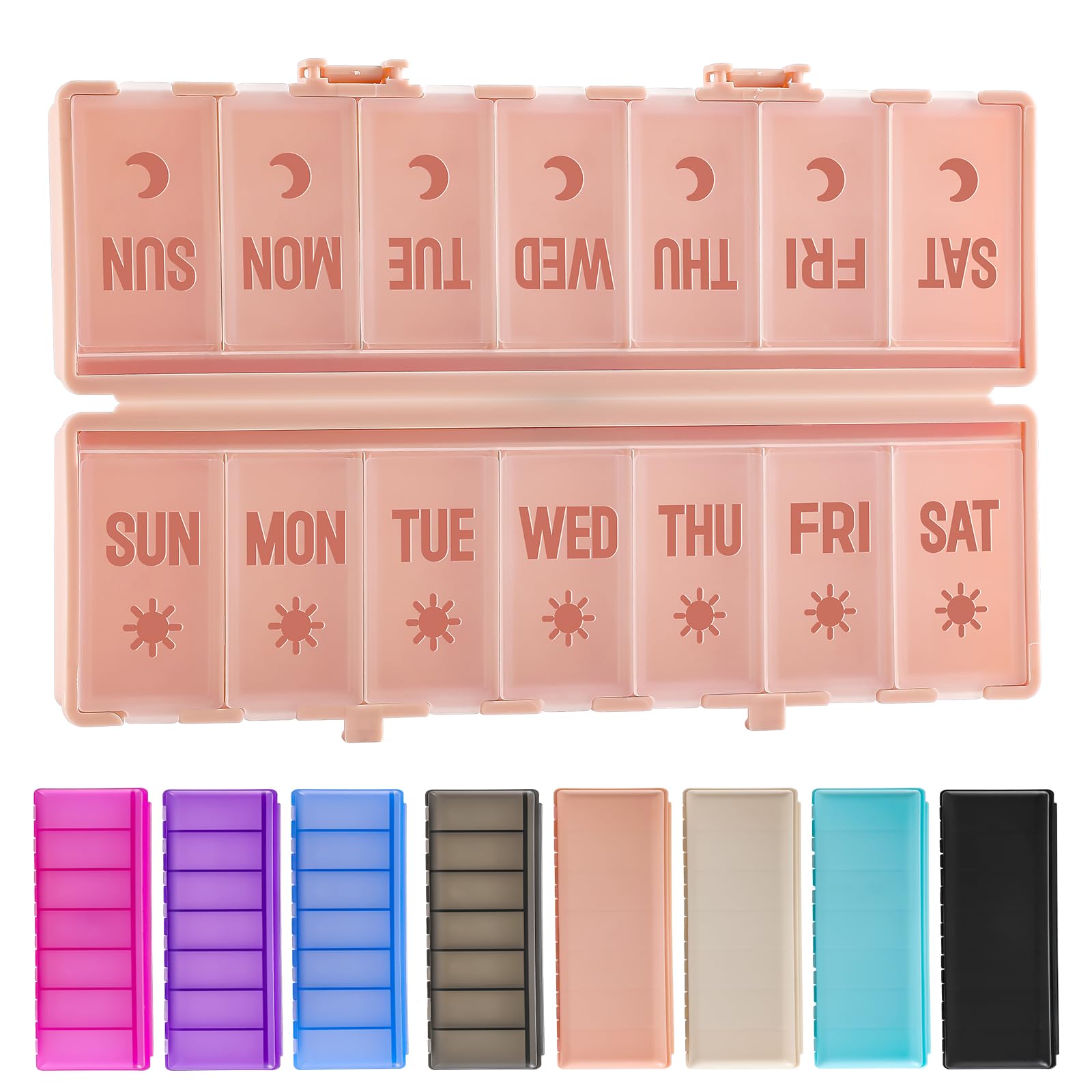 Foldable Pill Organizer 2 Times a Day w/Etched Labels -Dual Protection &amp; Portable Weekly AM PM Pill Box, 7 Day Medicine Container, Large Travel Pill Case for Week Daily Supplement Vitamin - Pink
