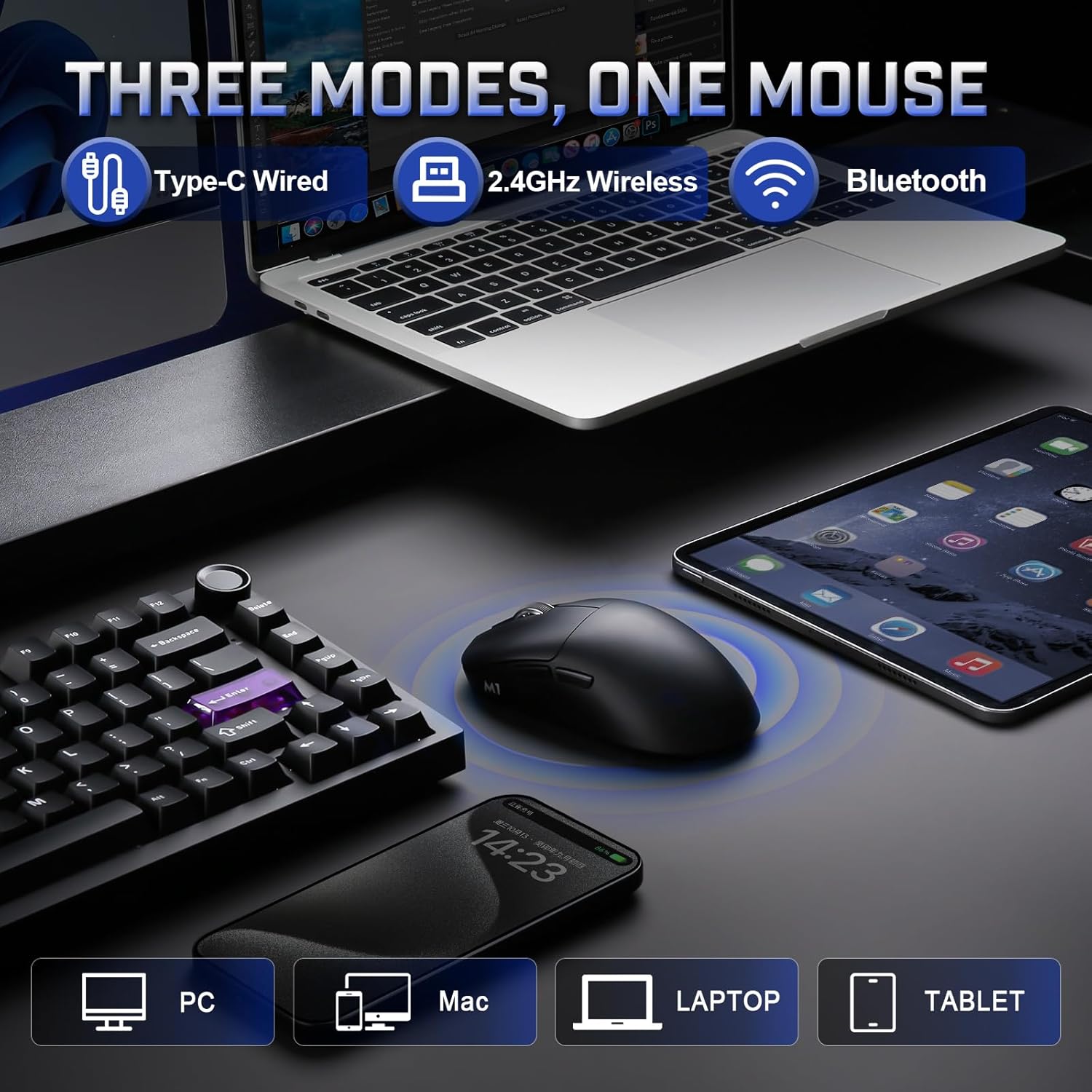 YUNZII M1 Wireless Gaming Mouse, Tri-Mode 2.4G/BT/Wired Gaming Mouse, PAW3311 Sensor 10000 DPI Rechargeable Wireless Mouse with 5 Programmable Buttons, Customizable via Software for Win & Mac (Black)