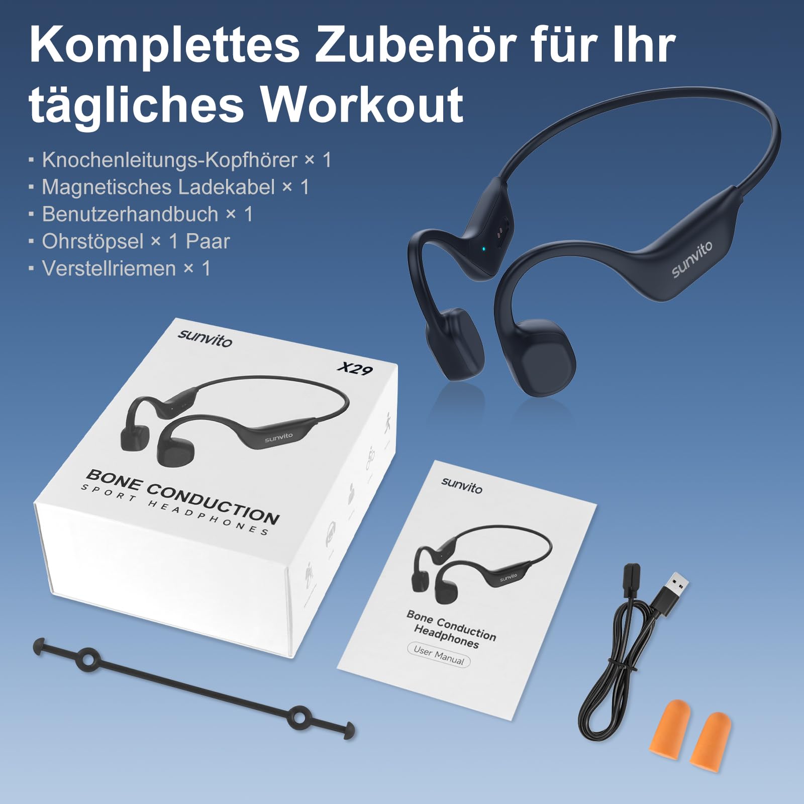 Knochenschall Kopfhörer Bluetooth 6.0, offene Bluetooth-Funkkopfhörer für Sport, wasserdichte, leichte Ohrhörer mit Ohrstöpseln für Laufsport, Fitnessstudio, Radfahren, schwarz