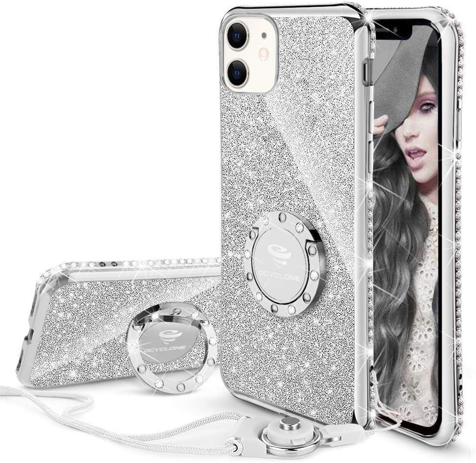 OCYCLONE for iPhone 11 Case, Cute Glitter Sparkle Bling Diamond Rhinestone Bumper with Ring Kickstand Women Girls Soft Pink Protective Phone Case for iPhone 11 [6.1 inch] 2019 -Silver