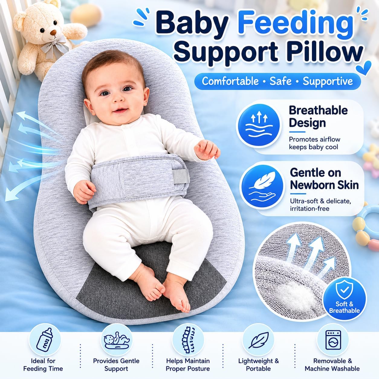 Reflux Pillow for Baby, Baby Feeding Support Wedge Pillow for Reducing Spit-Up, 2 Machine-Washable Pillowcases for Bottle Feeding