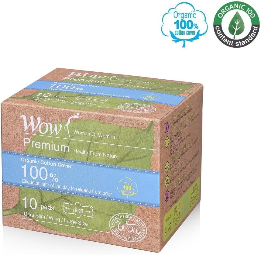 Organic Sanitary Pads 100% USDA Certified Cotton Large Pads, Ultra Slim Natural Sanitary Napkins with Wings 11"(28cm) 10 Pads Total