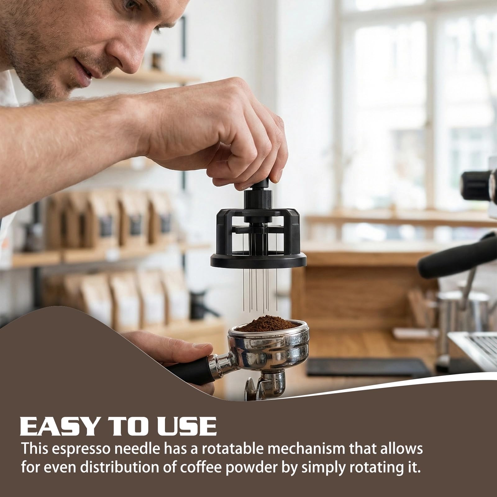Aguja de espresso, WDT Tools 58 mm, herramienta de distribución de espresso con 10 agujas para barista, altura de aguja ajustable, dispensador de café magnético giratorio para una extracción uniforme