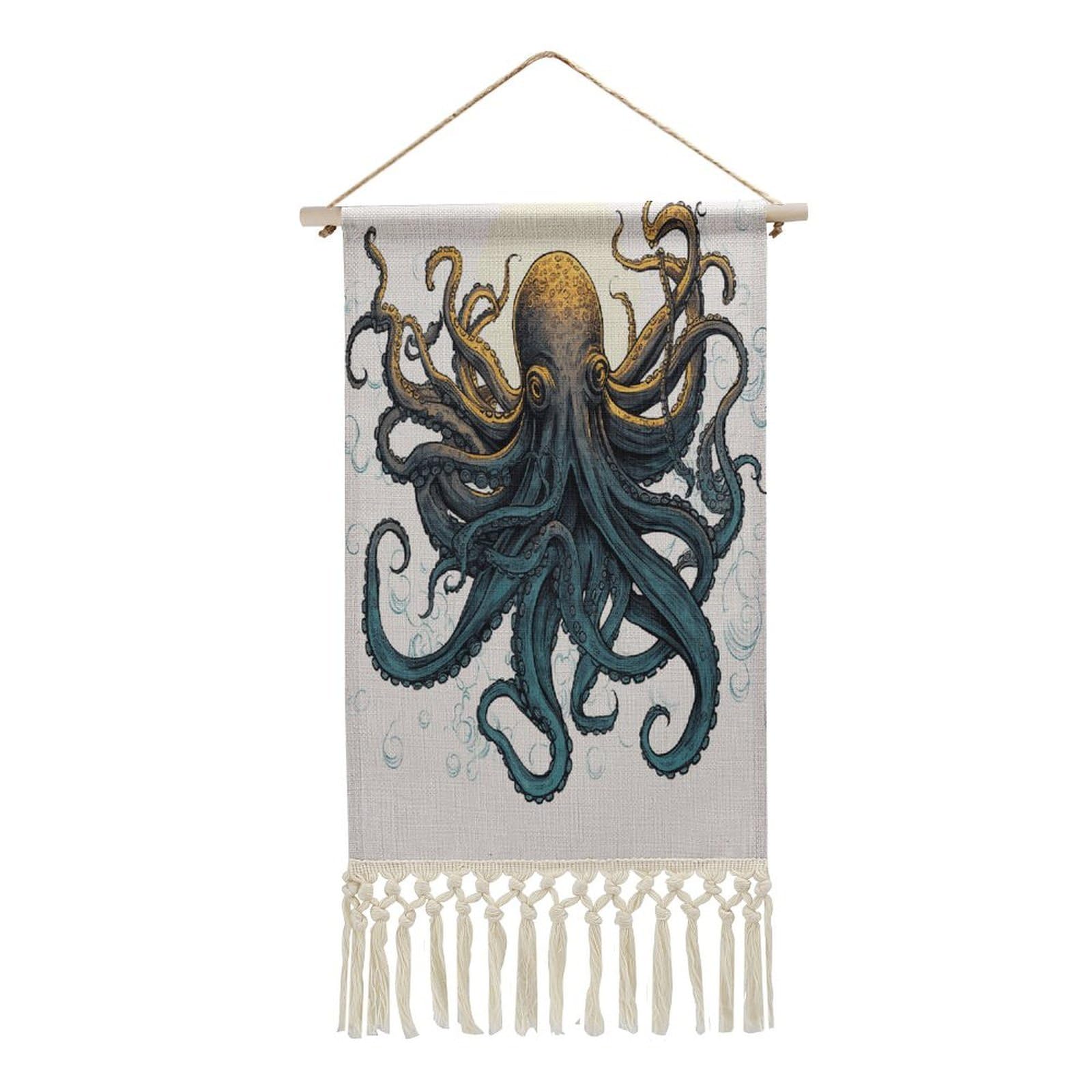Adfgyerh Style Sun Ocean Octopus Tapestry With Tassels Cotton And Linen Hanging Posters, Wall Art For Travel Gift, Wall Tapestry For Office Home Decor Bedroom Living Room Decor
