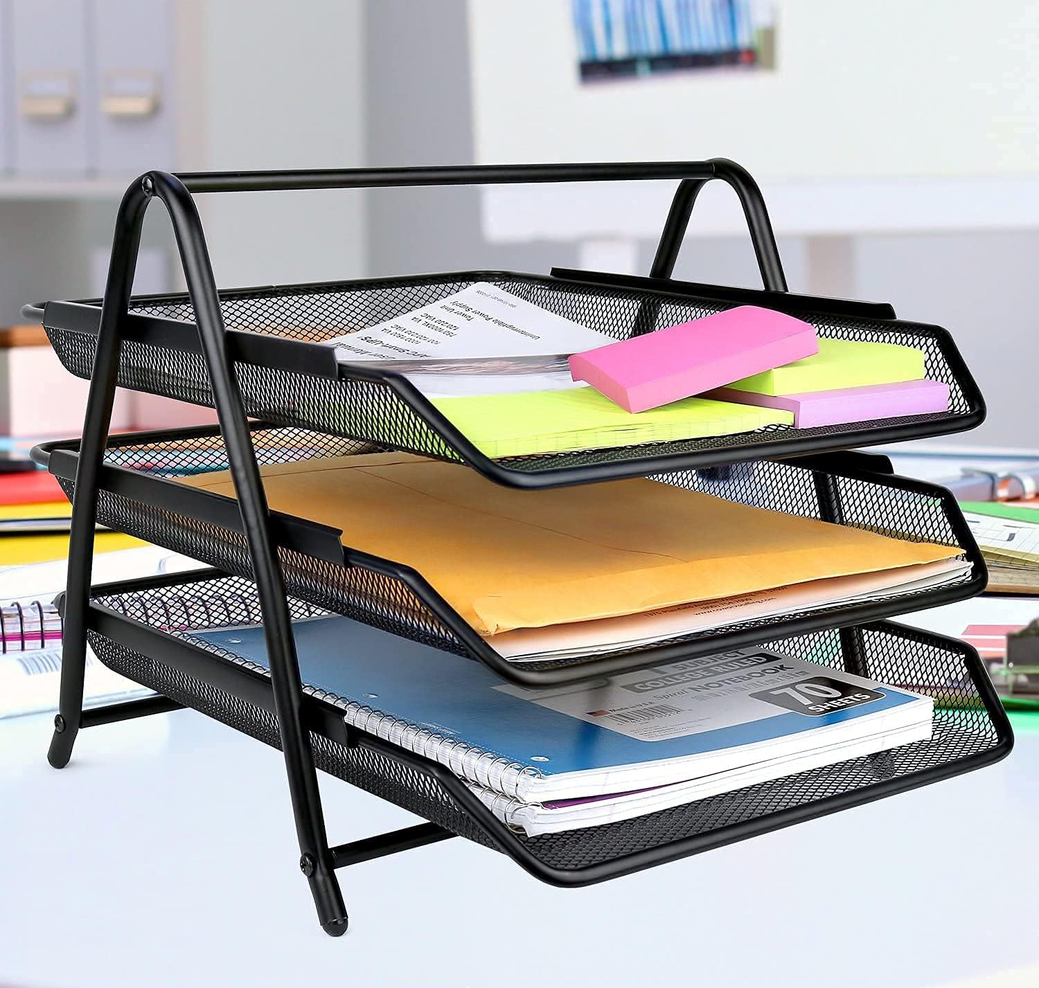 GOPINATH ECOM 3 Tier Metal Mesh Desk Organizer File Rack with Sliding Trays Durable Lightweight File Holder A4 Paper Document Storage Stand for Home Office Desktop Organization 2