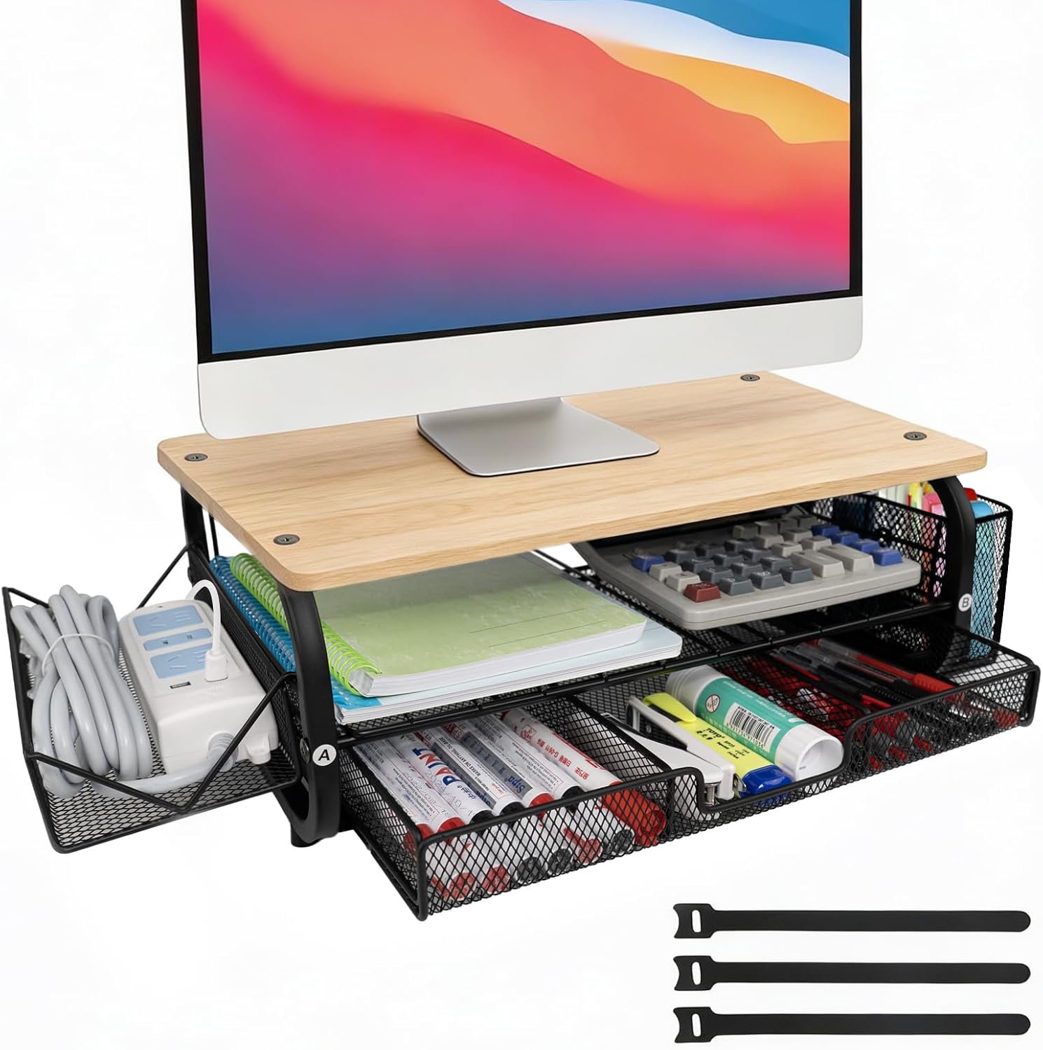 Desk Organizers and Accessories Monitor Riser, Monitor Stand with Drawer (2-Tier Drawers) with Large Side Storage Rack & Cable Management,66LBS/30KG, Office Organization, Oak