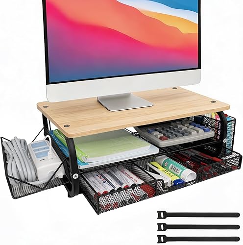 Organizador de escritorio y accesorios para monitor, soporte para monitor con cajón (cajones de 2 niveles) con estante de almacenamiento lateral
