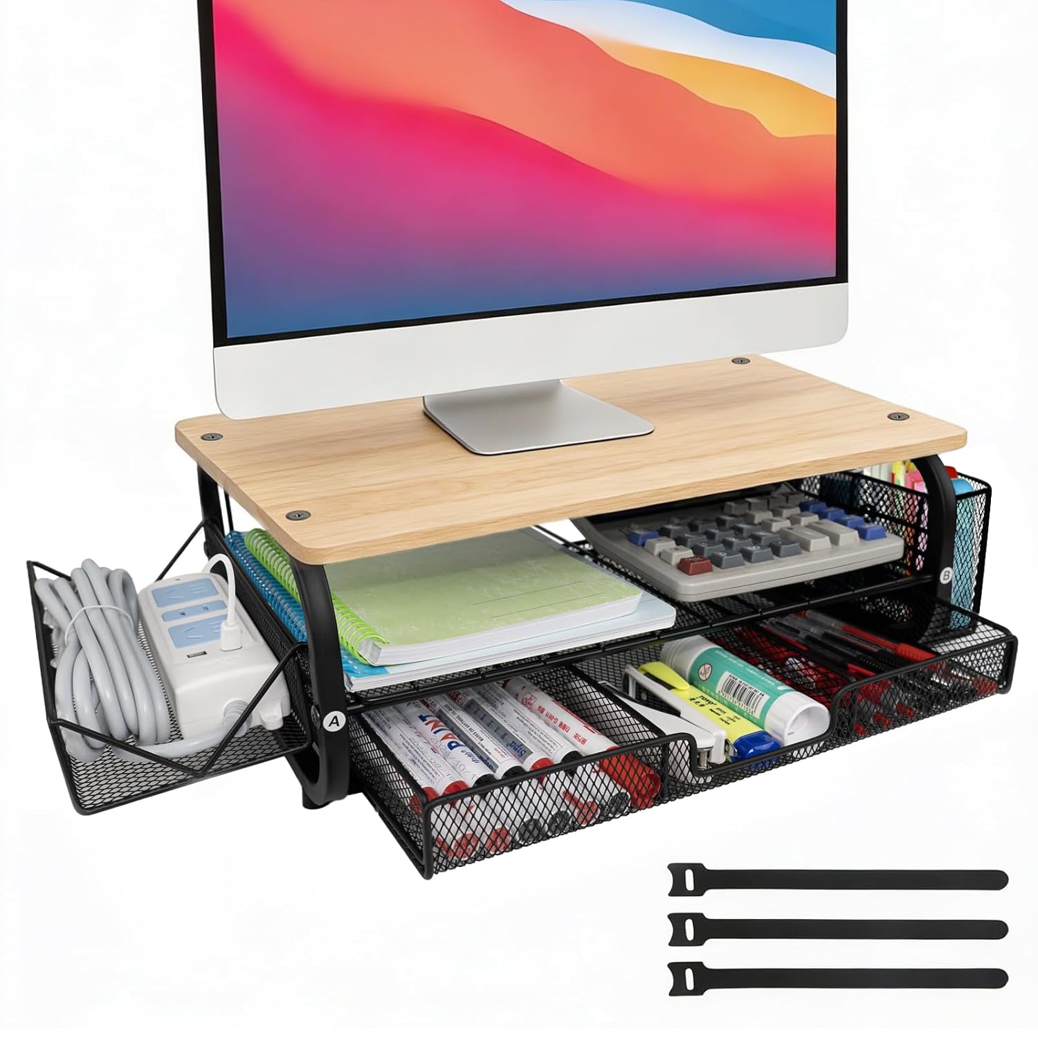 Desk Organizers and Accessories Monitor Riser Monitor Stand with Drawer 2-Tier Drawers with Large Side Storage Rack Cable