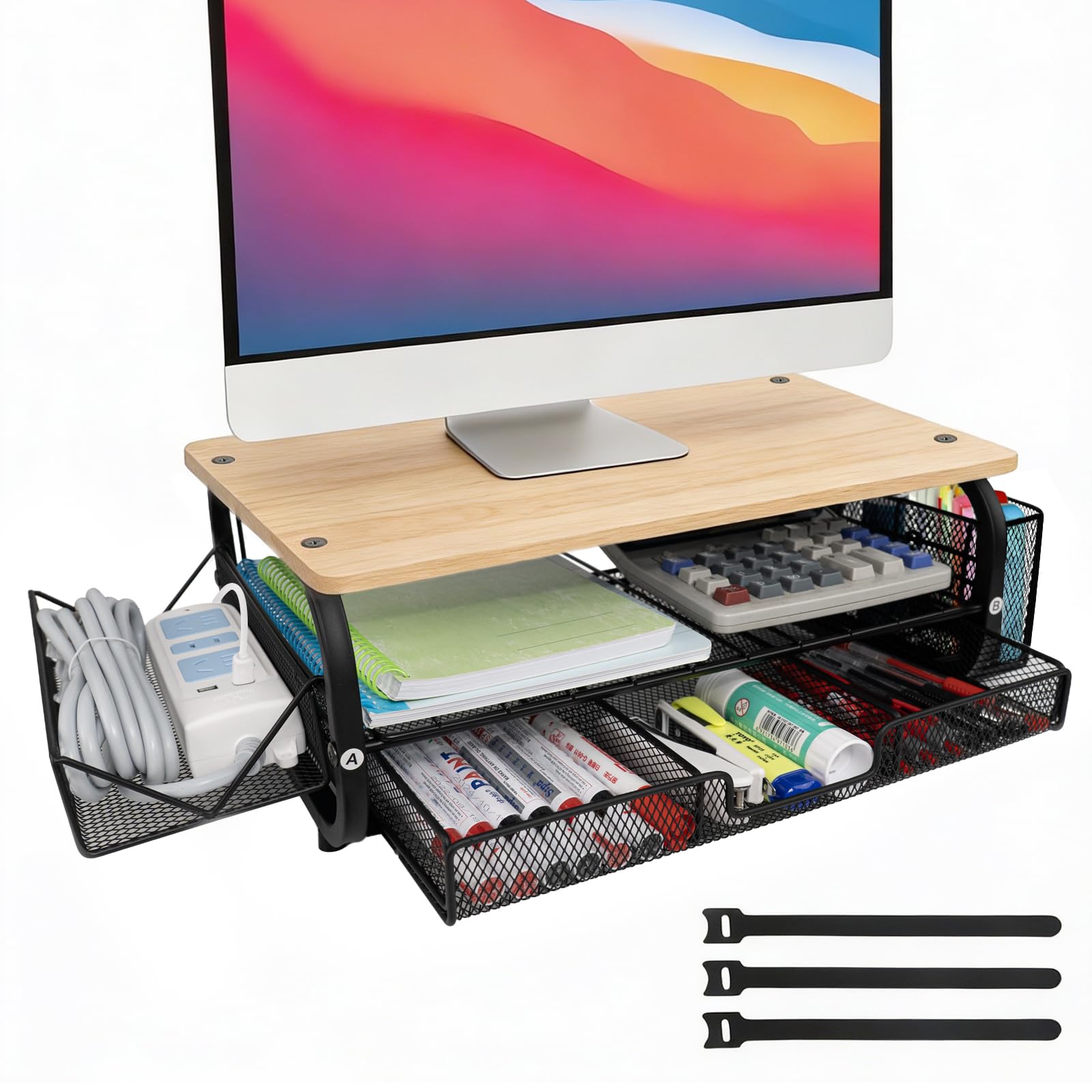 Bingyouth Oak Monitor Riser Stand With Stroage | 2-Tier Desk Organiser Stand With Storage, Metal Mesh & Cable Ties | Ergonomic Shelf For Laptop, Monitor, Printer And Plants