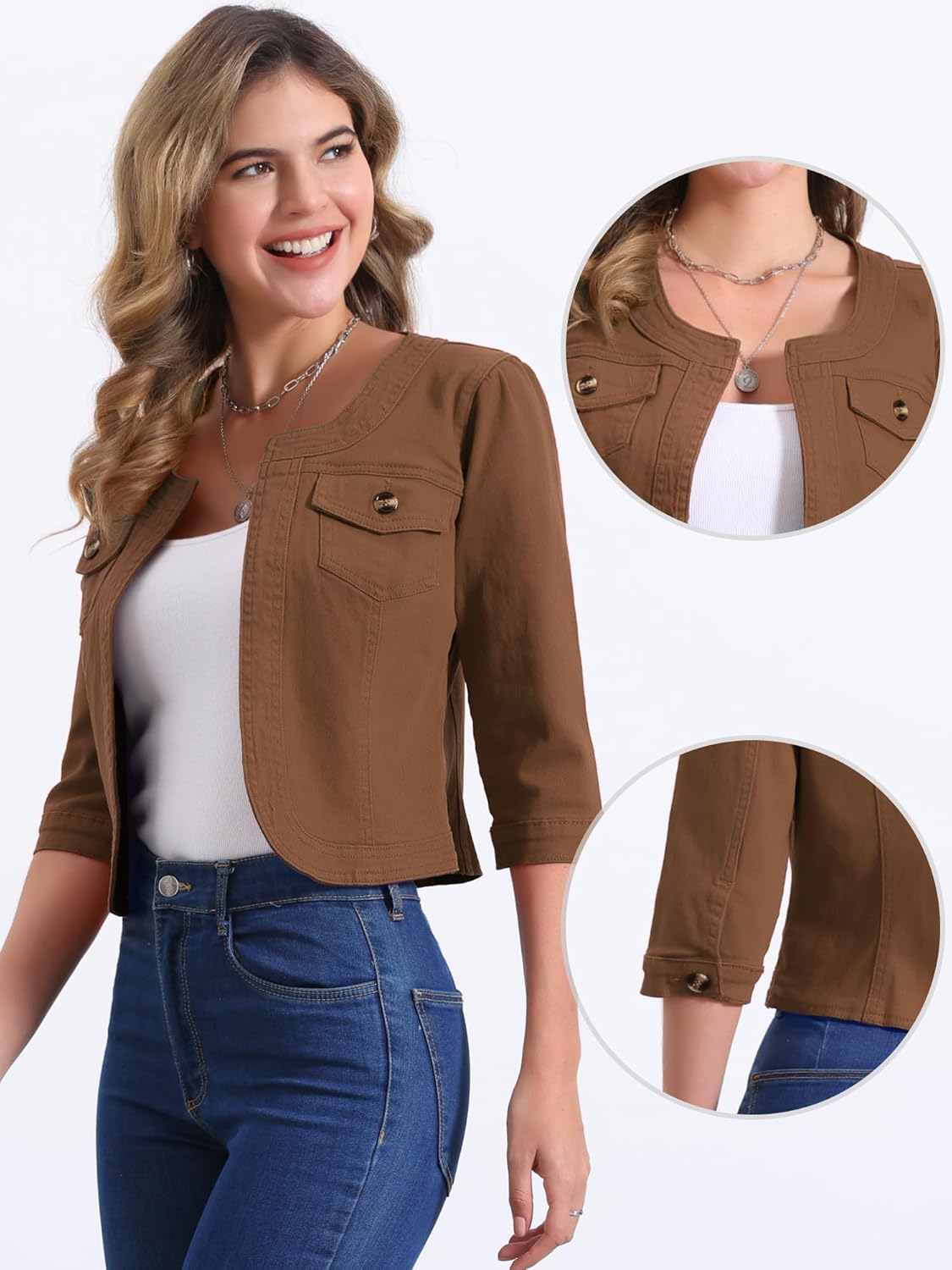 Allegra K Denim Jacket for Women's Collarless 2025 Cardigan 3/4 Sleeve Crop Jean Jackets - Image 4