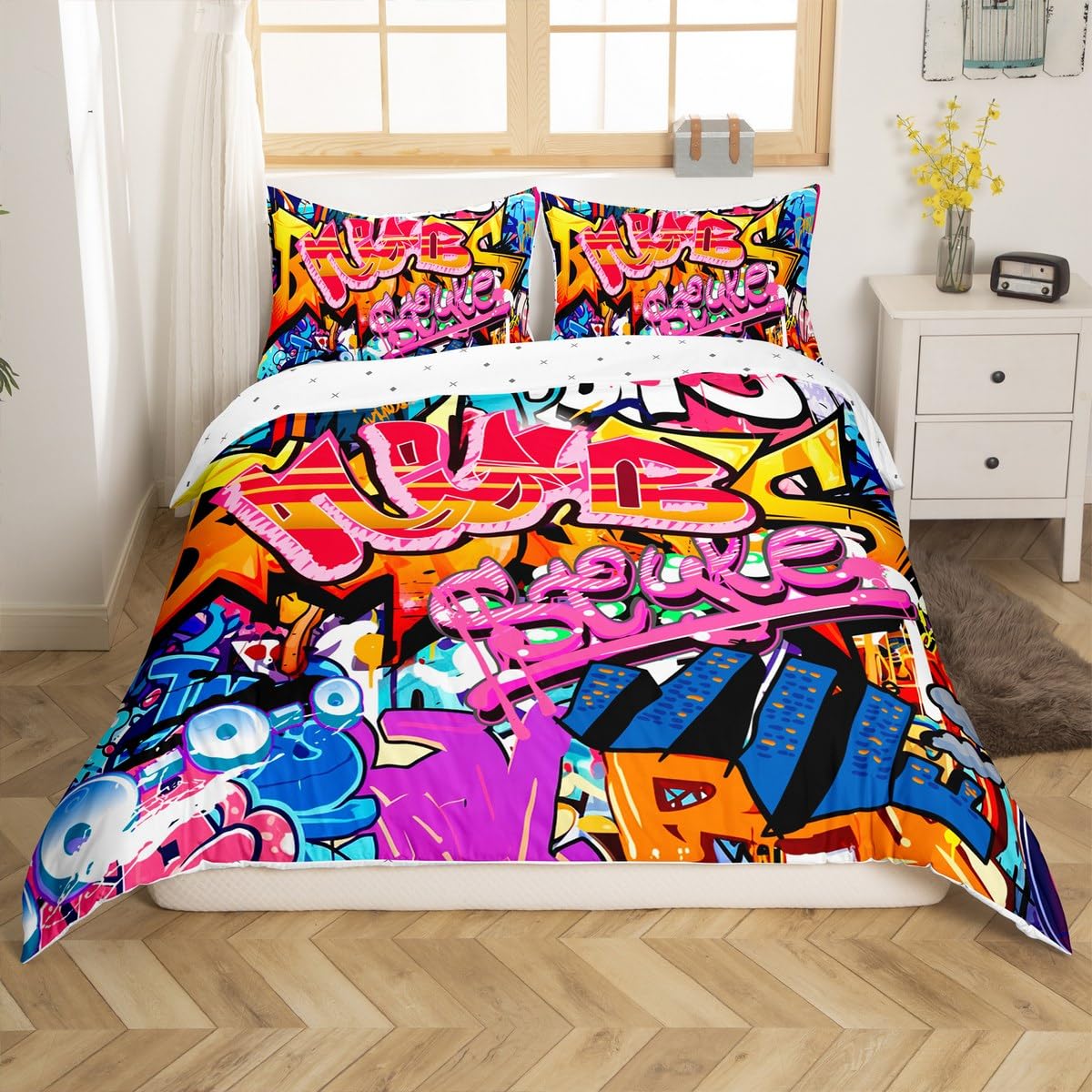 Homemissing Hippie Graffiti Duvet Cover Set Double Size For Kids Boys Girls Teens Hip Hop Bedding Set Graffiti Graphic Pattern Comforter Cover with 2 Pillowcases Grunge Art Decor Bed Sets — image 1