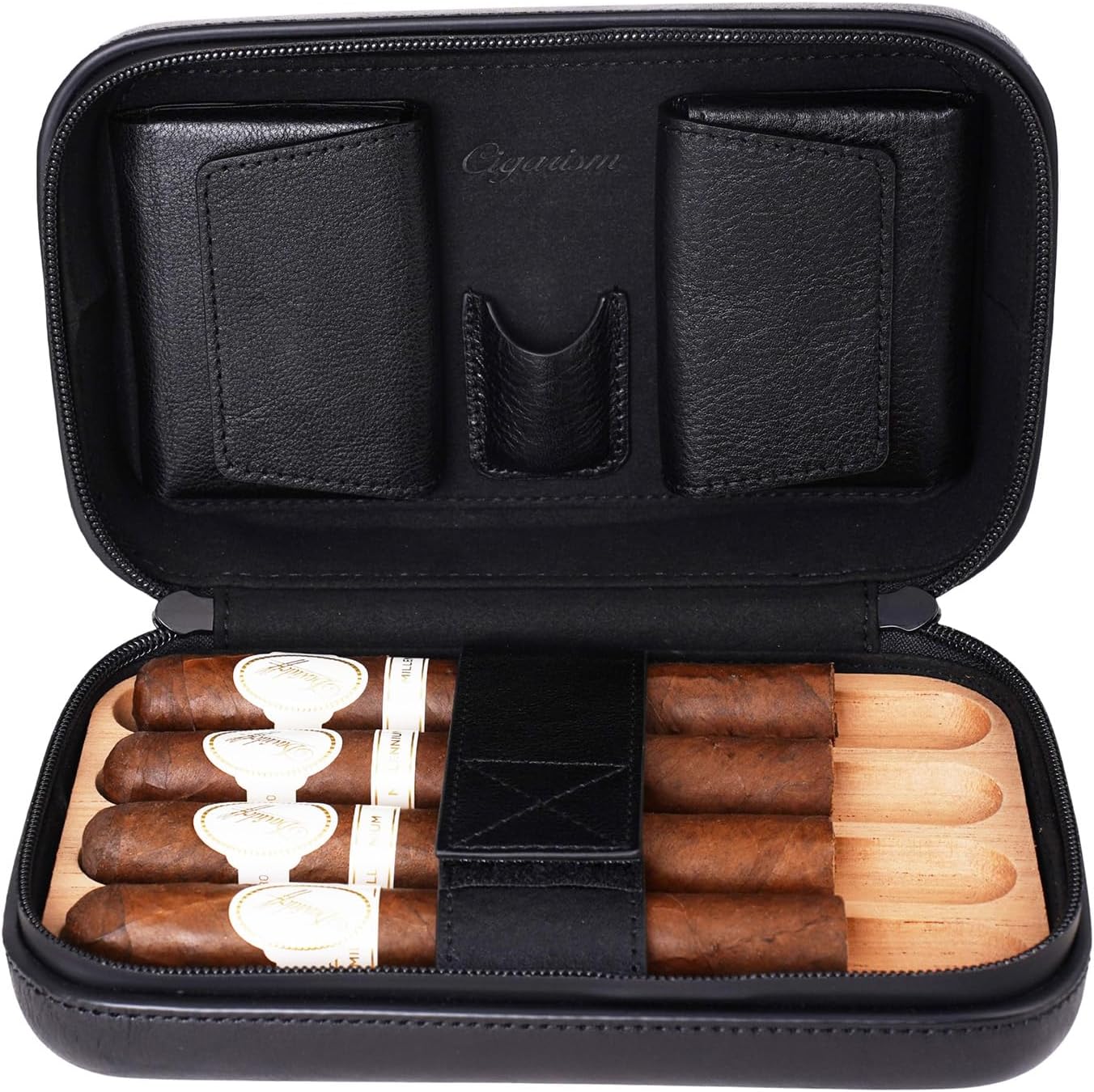 Cigar Travel Case Humidor Bag, Italian Oil Wax Leather Spanish Cedar Accessory Pouches, Holds 4 to 5 Cigars (Black)
