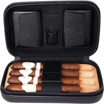 Cigar Travel Case Humidor Bag, Italian Oil Wax Leather Spanish Cedar Accessory Pouches, Holds 4 to 5 Cigars Black
