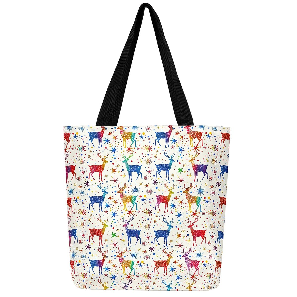 Homewish Reindeer Canvas Tote Bag Christmas Snowflake Shopping Grocery Shoulder Bag Cartoon Xmas Handbag For Outdoors, Rainbow Beige