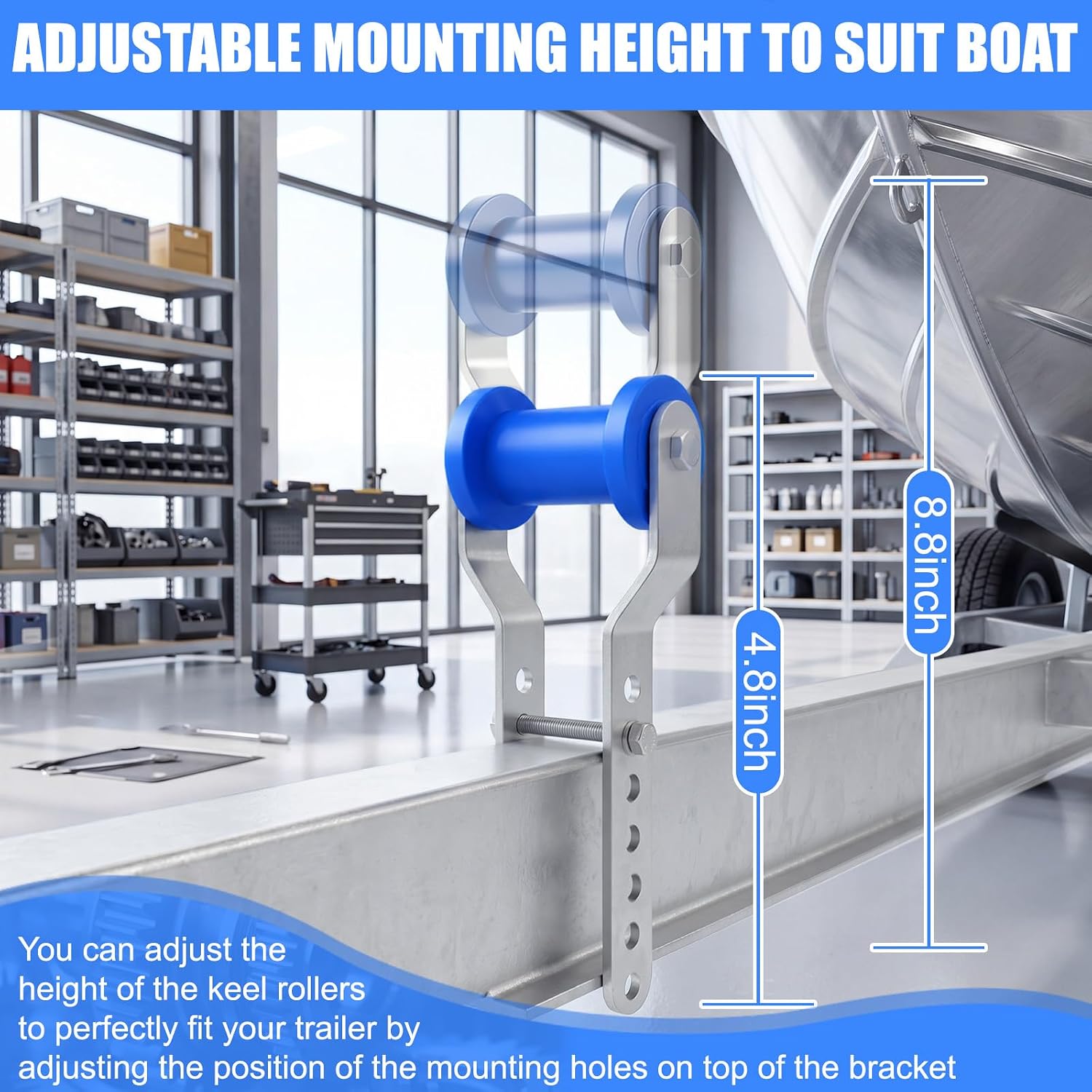 BBTO 2 Pack 4" Boat Trailer Rollers with Brackets, Blue Adjustable Keel Roller Assembly Kit, Galvanized Steel Bracket with Bolts, Fits 2" Trailer Tongue Frame