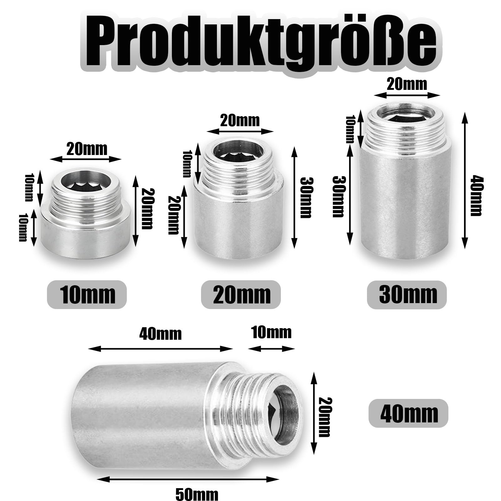 4 prolunghe per rubinetto in acciaio inox, 1/2", prolunga per soffione doccia con filettatura interna e filettatura esterna, attacco acqua 1/2" x 10 mm, 20 mm, 30 mm, 40 mm, per rubinetti e soffioni