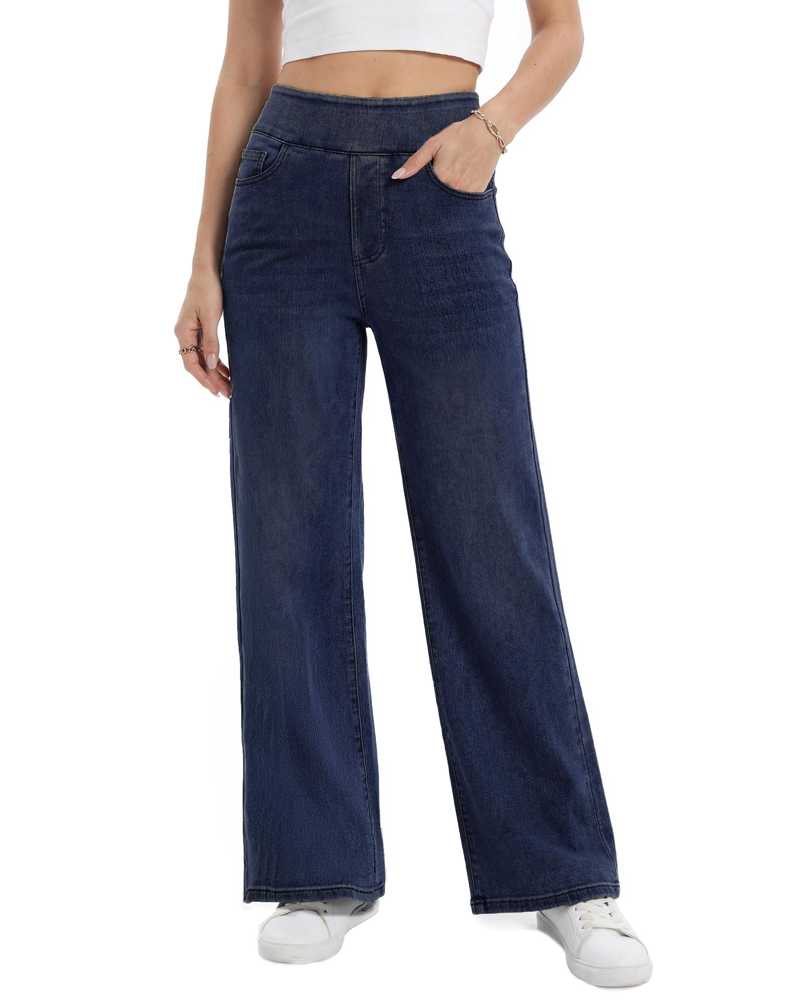 TONIRY Wide Leg Pull On Jeans Womens High Rise Stretchy Jeans Denim Pants with Elastic Waist Tummy Control