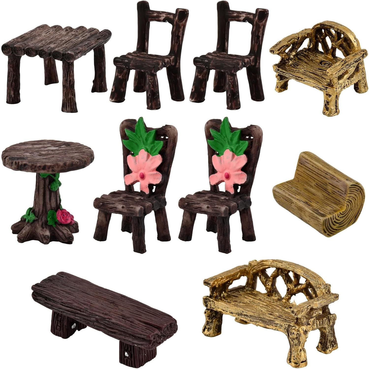 Fairy Garden Furniture Ornaments, 10 Pcs Miniature Table and Chairs Set Village Micro Resin Bench Chair Kit Micro Landscape Decoration DIY Craft Gift for Home Outdoor