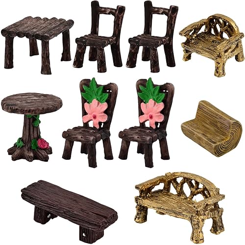Fairy Garden Furniture Ornaments, 10 Pcs Miniature Table and Chairs Set Village Micro Resin Bench Chair Kit Micro Landscape Decoration DIY Craft Gift for Home Outdoor