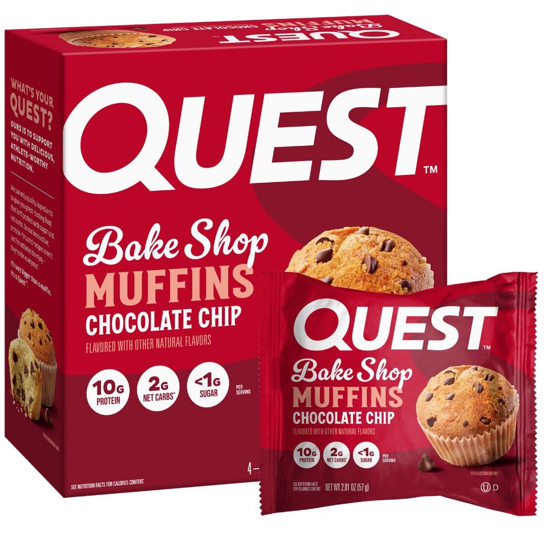 Quest Nutrition Chocolate Chip Muffin, 10g Protein, 2g Net Carb, 4 Count | Less Than 1g Sugar, 10g Fiber, Protein Snack, High