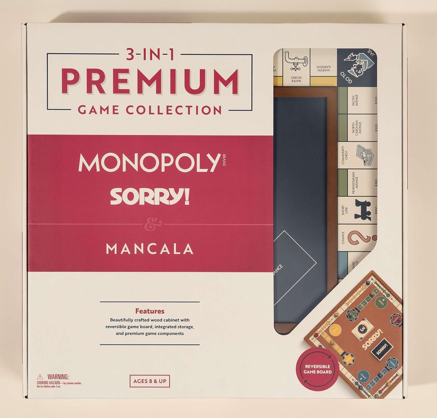 WS Game Company 3-in-1 Premium Game Collection, Monopoly, Sorry!, Mancala with Reversible Wooden Board, Built-in Storage, Board Games for Family Nights, Kids & Adults image 6